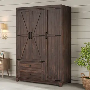 [Ships in 2 Boxes] AMERLIFE Farmhouse 3 Door Wardrobe Closet with 2 Drawers & Hanging Rod, 47" Large Armoire Storage Cabinet with Adjustable Shelves, Freestanding Clothing Organizer for Bedroom