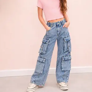 8-Pocket Girls Wide-Leg Denim Pants, 5-14T Ribbed Elastic Waist with D-Ring Loops Cargo Jeans