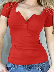 Spring Fall Fashion Casual Basic Fit Thin Short Sleeve Round Neck Solid Color Women's Top T-Shirt with Buttons, Comfortable Fabric for Daily Wear, Womenswear