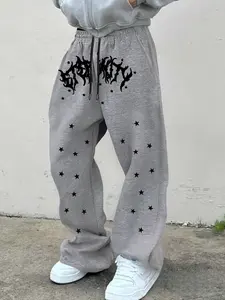 Men's Gothic Star Print Drawstring Sport Pants, Casual Comfortable Daily Wear, Geometric Star Pattern, Fall & Winter Menswear, Athleisure Style Bottoms