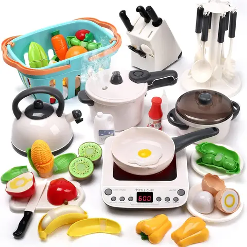 Cute Stone Unisex 3-4 Years Toddler Pretend Play Kitchen Set - Miniature Shop Kit with Light+Sound Induction Cooktop, Pressure Cooker, Frying Pan, Batteries, Safe Smooth Edges Utensil Holder, Pullout Spout, Shopping Basket, Play Kitchen Accessories