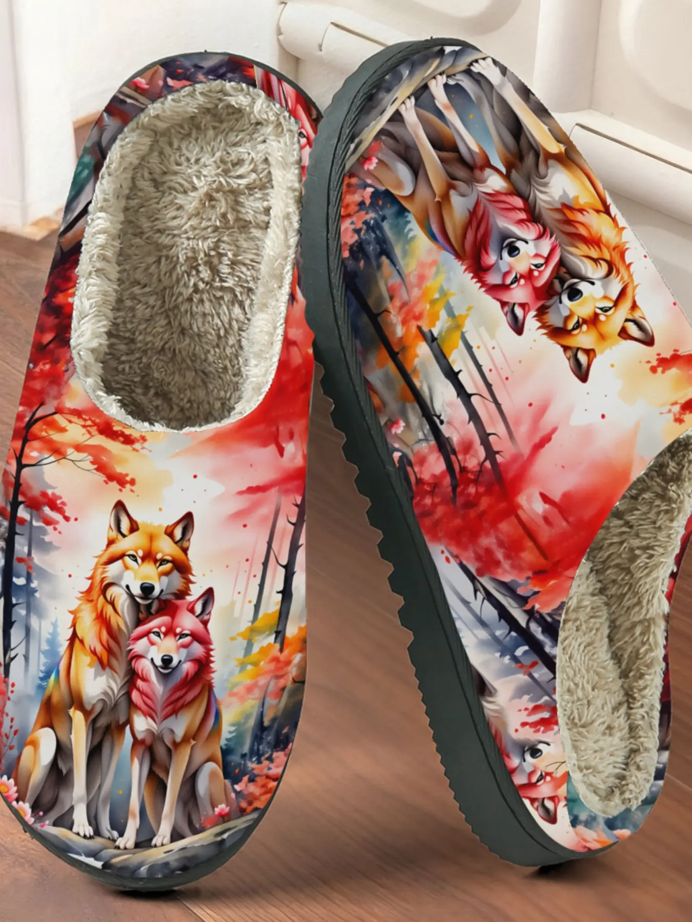 Watercolor Wolf Print Cotton Slippers, Wild Poetic Style, Fuzzy Lined Anti-Slip Thick Sole, Home Use Men Women Fall Winter Warm Shoes