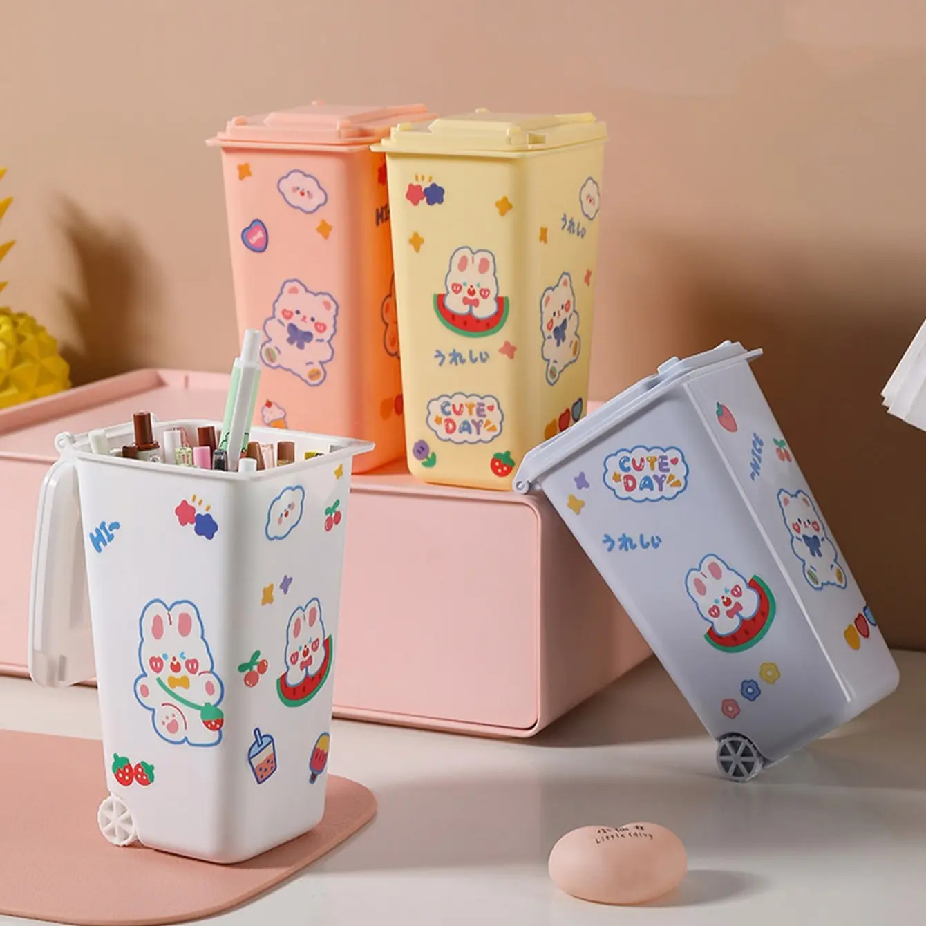 Cute Desk Trash Storage Can and Pencil Holder Organizer with Stickers, Adorable Cartoon Small Size with Lid for Home Office Organization Home Supplies