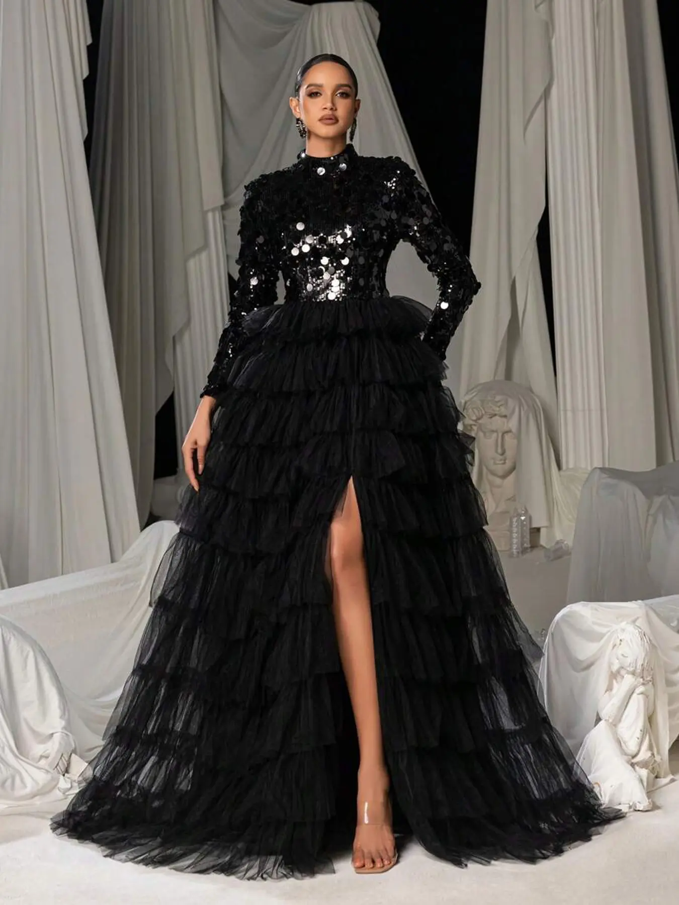 Elegant Sequined Mesh Evening Gown, Slim High Neck Split Design,  Multi-Layer Skirt, Perfect for Adult Women Formal Events - TikTok Shop