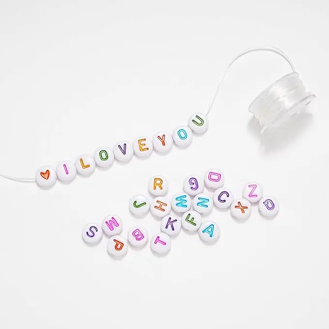 Colorful Alphabet Print Round White Letter Beads, 4×7mm 100pcs, for Jewelry Craft, Friendship Bracelets and Gift Souvenirs, 100 Pcs