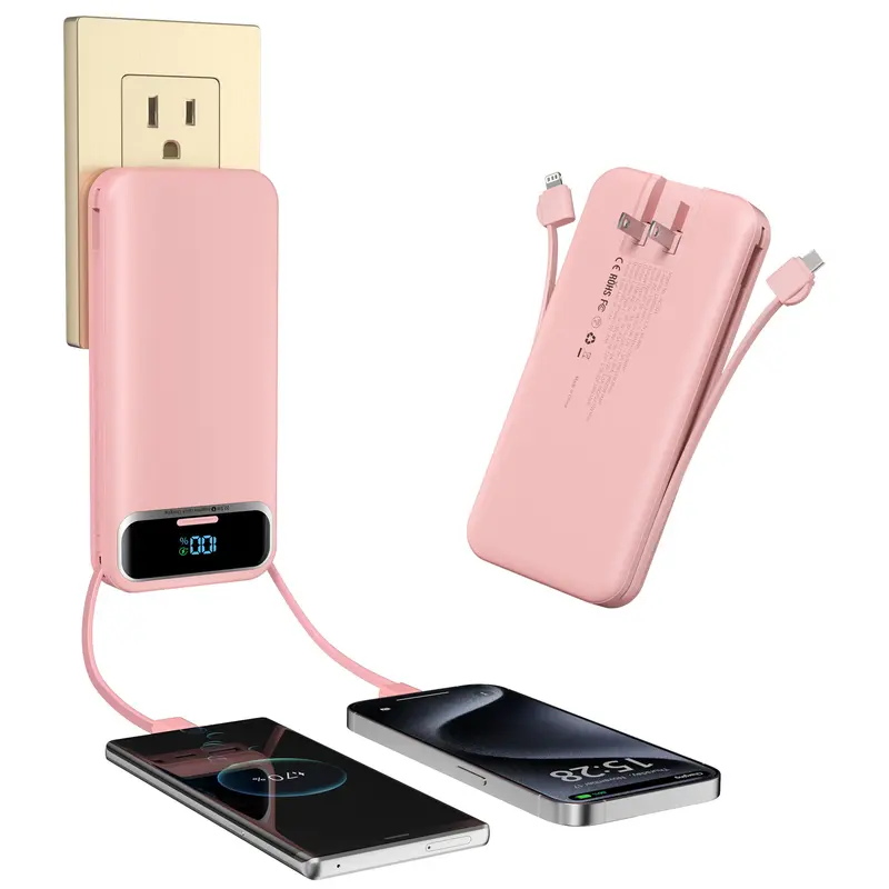 Citicr ac-02e_pink*12000mAh Chargeable Mobile Power Bank Charger, 22.5W Boost Fast Charging, Built-in Cables, AC Wall Plug, Smart LED Display, Dual Output Ports, Travel Essential for iPhone, Samsung Smartphones