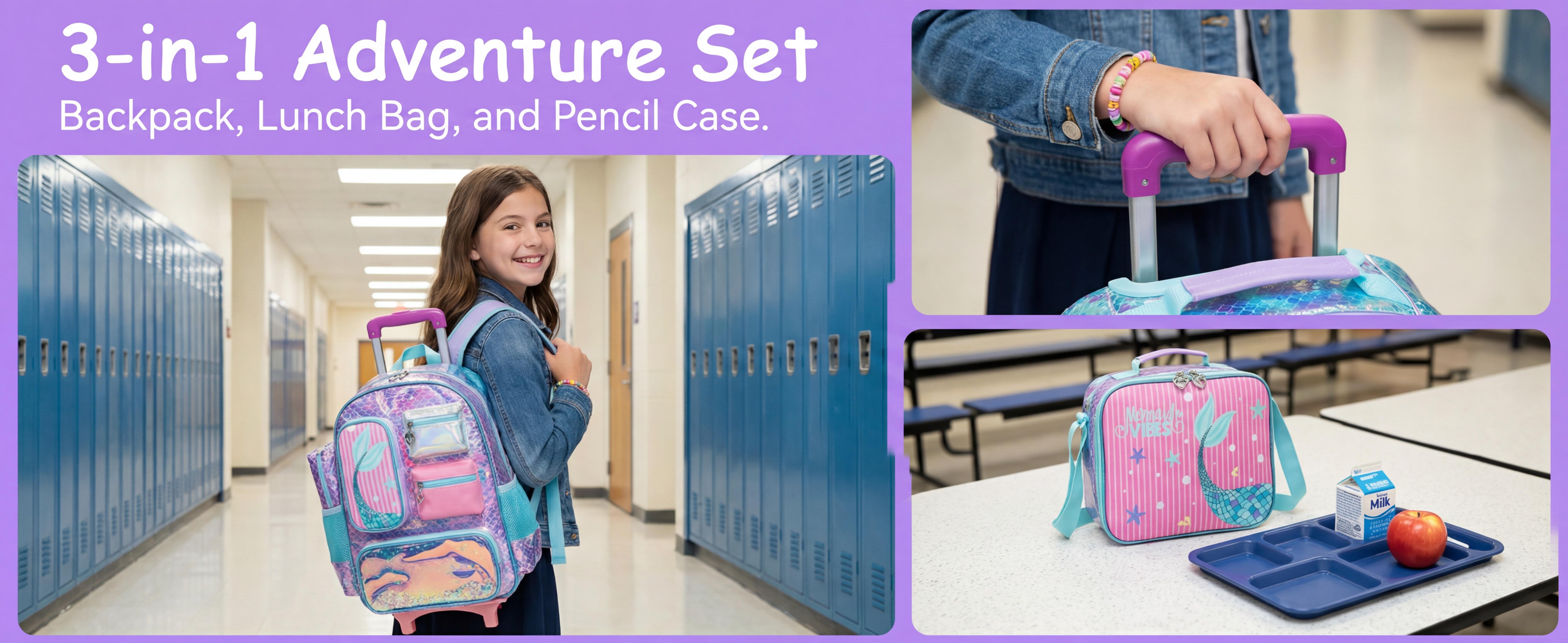 Rolling Backpack for Girls with Wheels Elementary School Bag Lunch Box Pencil Case Set for Ages 6-12 Years Old Mermaid Design