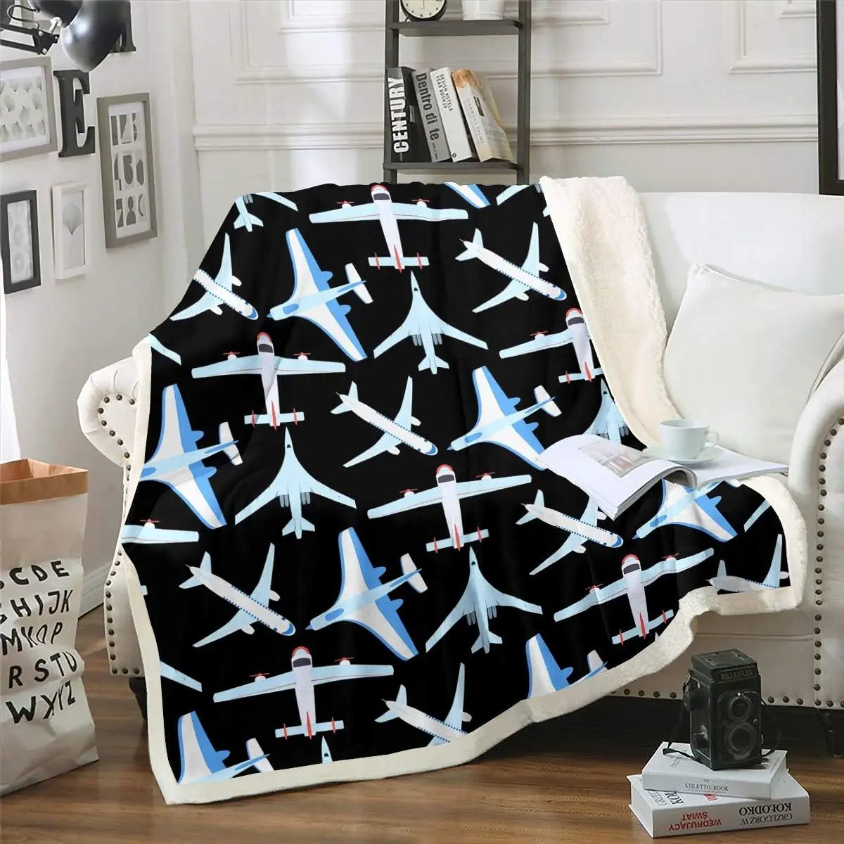 Feelyou 3D Effect Aircraft Print Luxury Sherpa Flannel Blanket - Super Soft Full Synthetic Fleece, Novelty Pattern, Easy-Care Portable Travel Throw for Adults, Custom Graphic Blanket, Custom Graphic Blankets, 3D Effect Blankets
