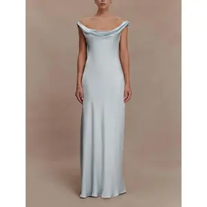 2026 New Satin High-Waisted Dress with Draped Neckline, Sleeveless Asymmetrical Cut Floor-Length Formal Evening Maxi Dress / Wedding Dress