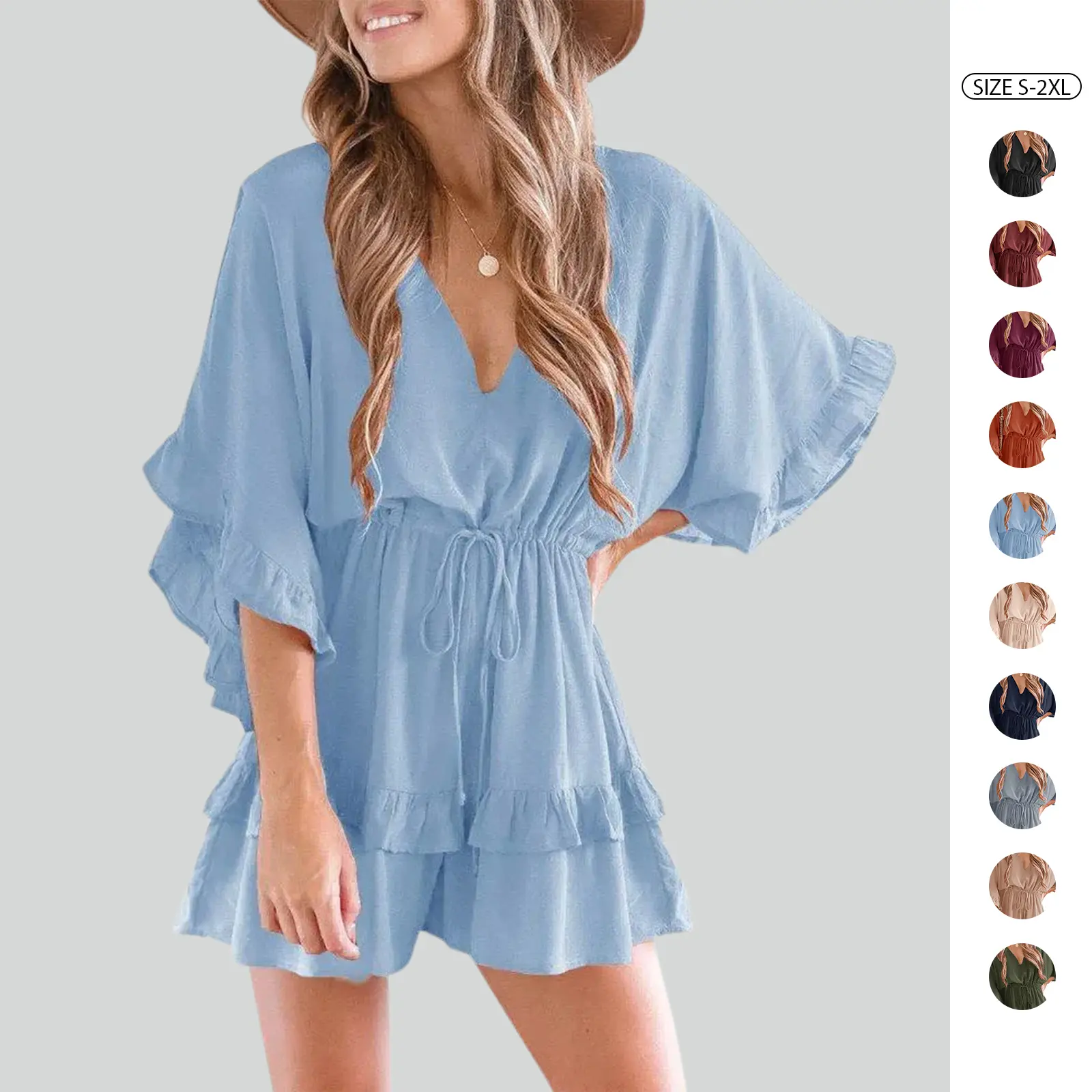 Imily Bela Womens V Neck Beach Romper Ruffle Layered Drawstring Waisted Shorts Jumpsuit