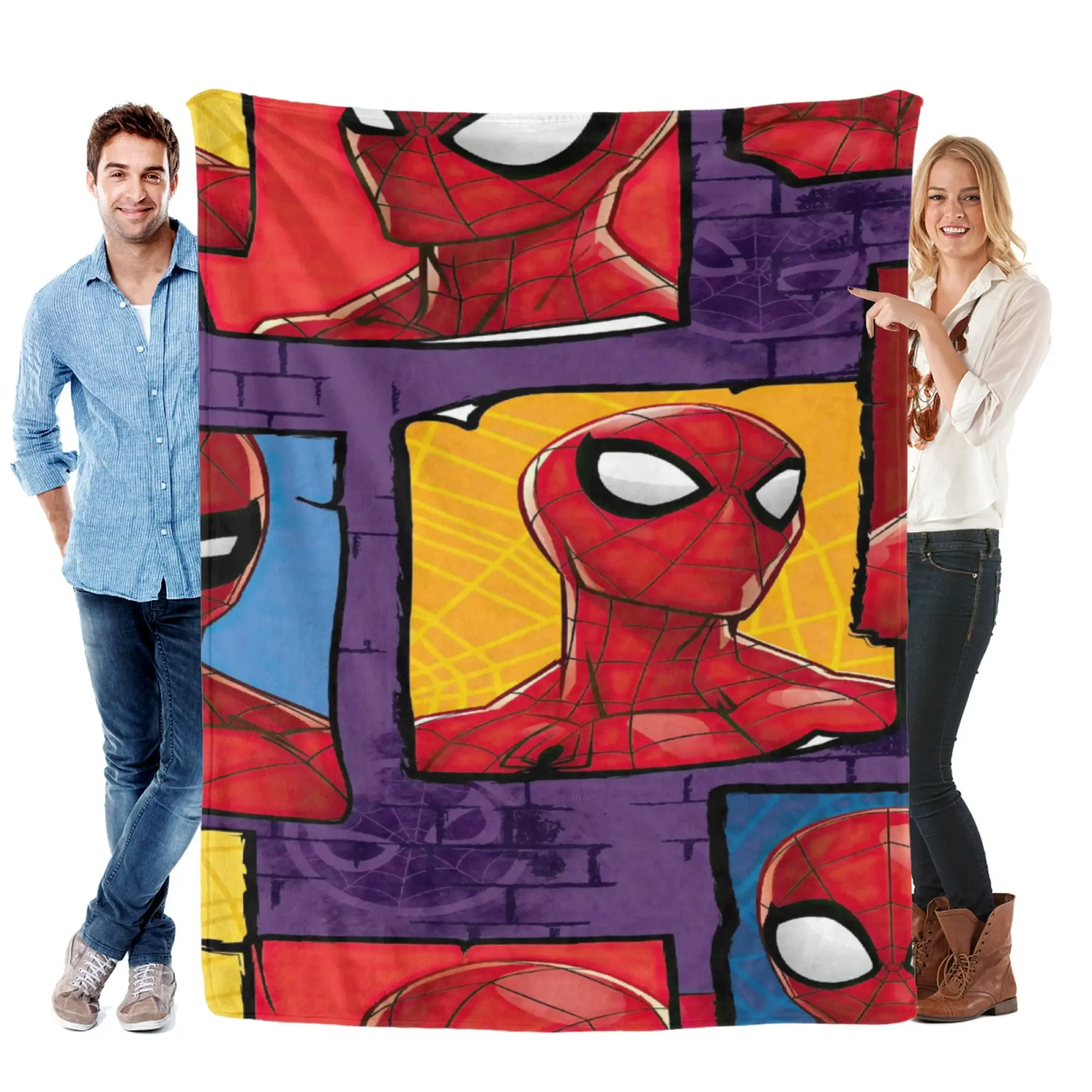 [SummerVibes] MARVEL CLASSIC Spider-Man Soft Flannel Blanket, Vibrant 2D Comic Panel Cartoon Throw for Couch, Bed, Office & Travel