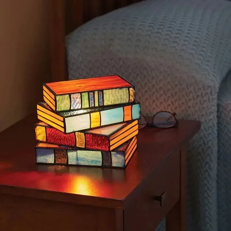 Vintage Stacked Book Lamp Decorative Craft Stacked Book Lamp Colored Glass Table Lamp Reading Lamp Bedside Table Lamp