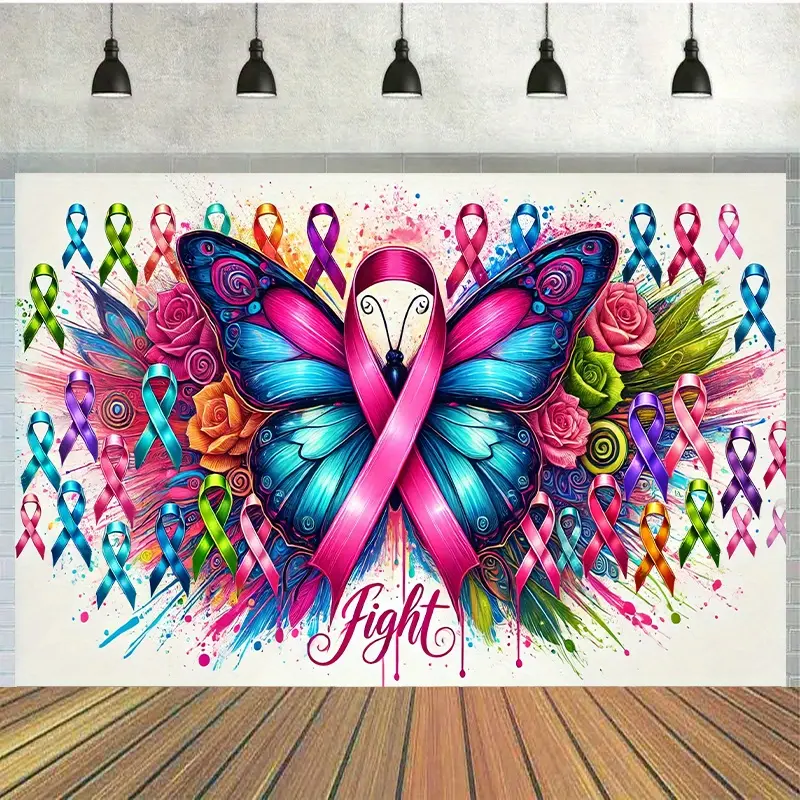 Breast Cancer Awareness Butterfly Ribbon Polyester Backdrop - 7x5ft White No-Power-Needed Banner for Party Decorations, Photo Shoots