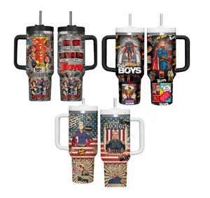 40oz insulated mug with handle and lid. Cartoon-themed stainless steel travel mug, a gift for TV show fans.