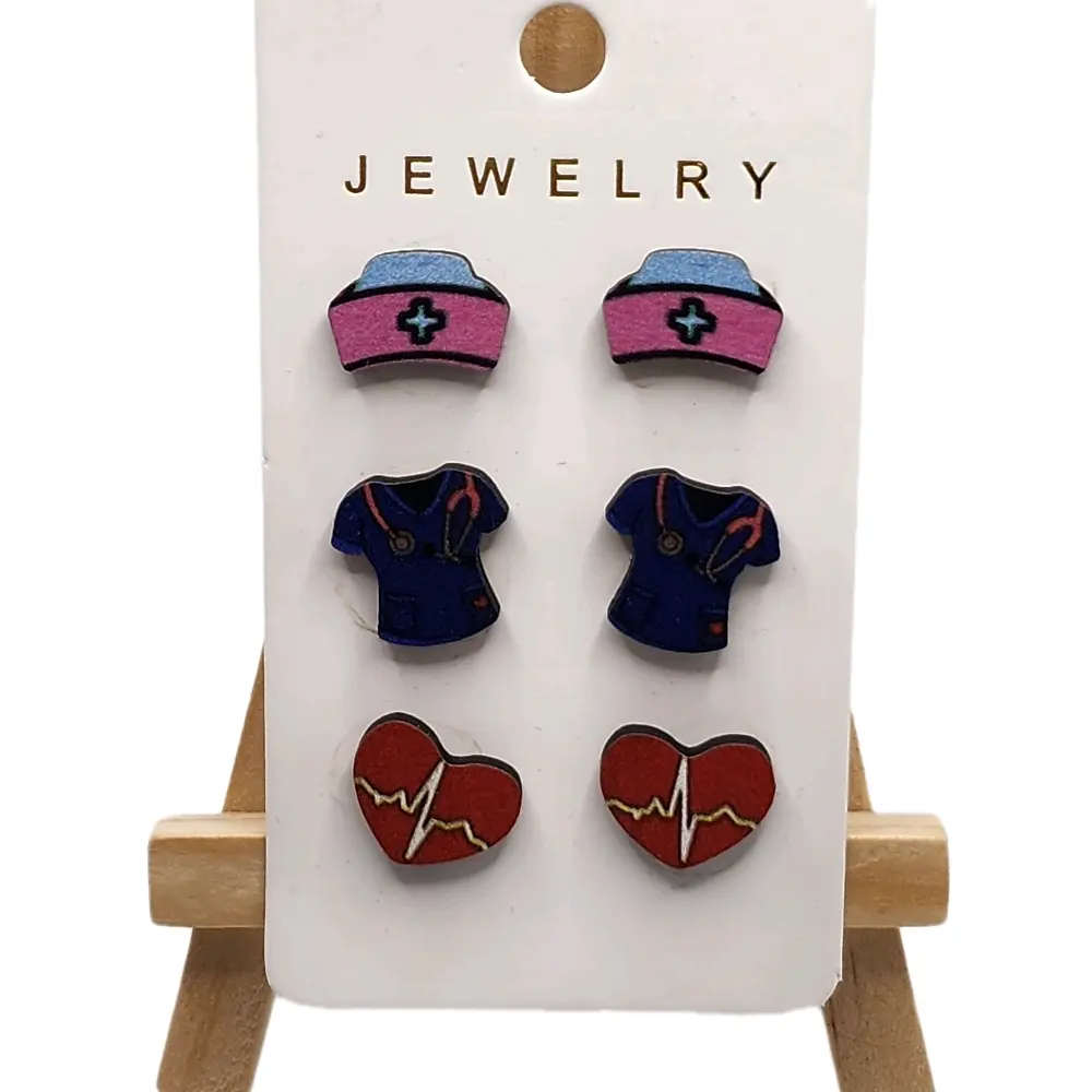 Wooden Nurse Stud Earrings - 3 Choices, Casual, Charming and Appealing Designs, No Excessive Decor, Unique Costume Jewelry Collection Additions, Adorable