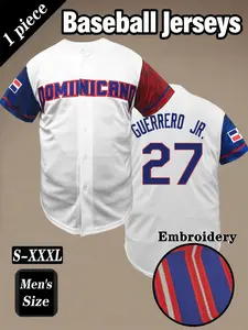 Dominican #27 Retro Embroidered Baseball Jersey, Casual Short Sleeve V-Neck Tee for Sports & Streetwear, Perfect Unisex Gift for Valentine's Day