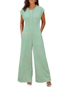 Aswulk Womens Casual Striped Jumpsuits Wide Leg Cap Sleeve Summer Jumper Crew Neck Button Down Waffle Knit Outfits