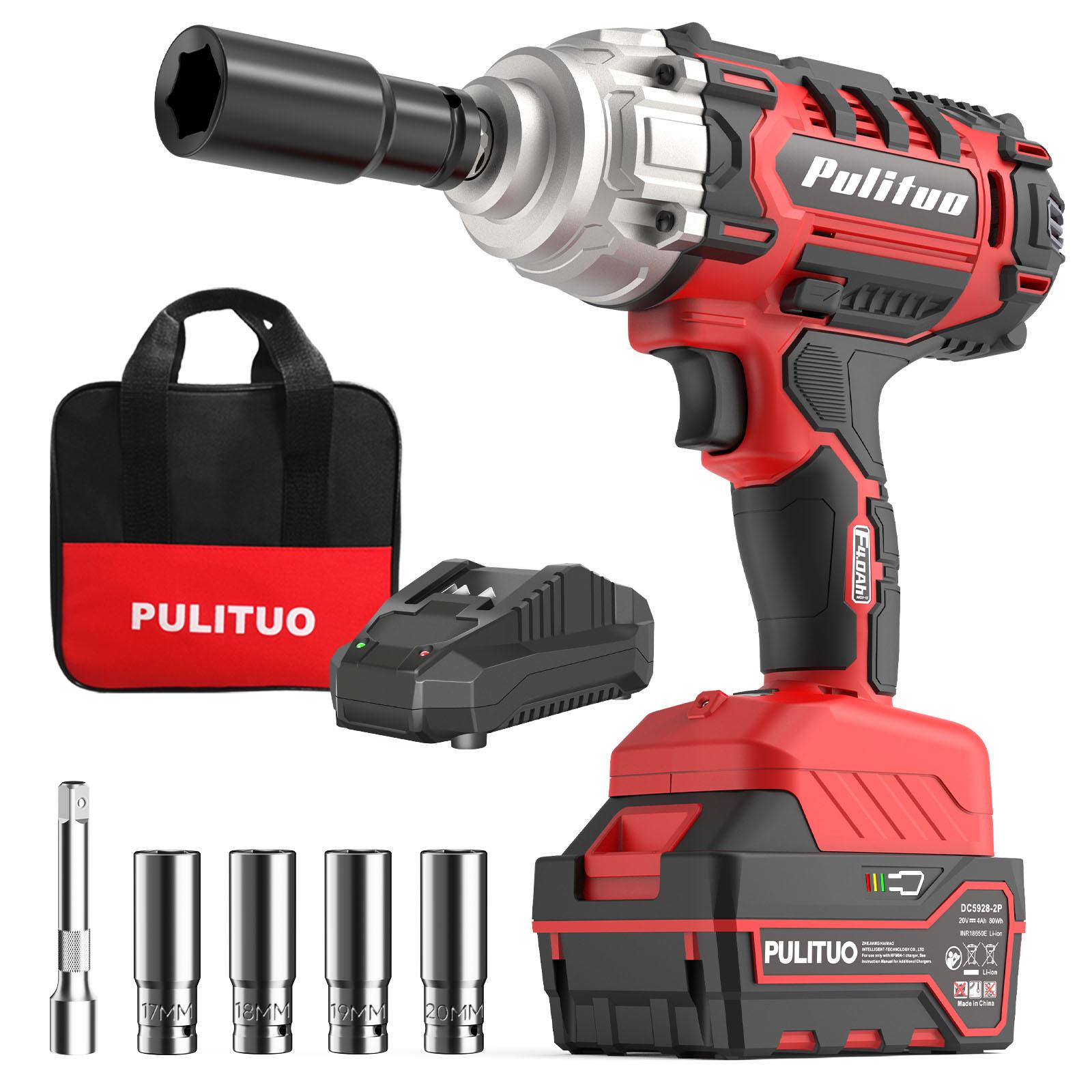 PULITUO 20V Cordless Impact Wrench 1/2 Inch 350 Ft-lbs 475N.m Torque 4.0Ah Battery 4-Hour Fast Charger LED Light 4 Socke