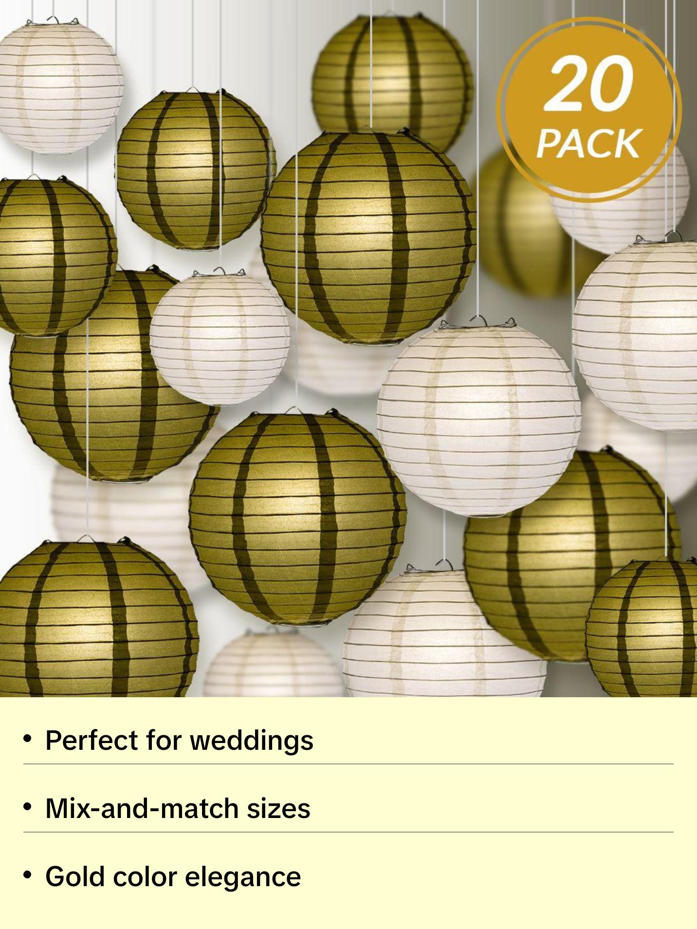 Ultimate 20-Piece Gold Variety Paper Lantern Party Pack - Assorted Sizes of 6", 8", 10", 12" (5 Round Lanterns Each) for Weddings, Parallelts and Decor