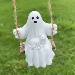 Halloween Swing Decor Ghost and Cat Figurine, Versatile Indoor Outdoor Hanging Decoration, Whimsical Decor, Perfect for Garden Tabletop Holidays