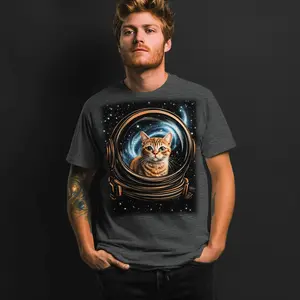 Space Explorer Cat T-Shirt - Charcoal Gray with Kitten in Astronaut Helmet Casual Cotton