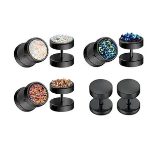 Fake Gauge Round Stud Earrings Stainless Steel Druzy Studs Earrings Set for Women Mens Girls Faux Fake Cheater Ear Plugs Gauge Punk Style