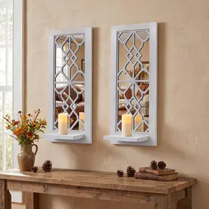 Wood Wall Sconce Candle Holder Set of 2, Rustic Wall-Mount Candle Holders, Farmhouse Hanging Wall Décor, Carved Wood Frame, Mirrored Candle Holder (Distressed White)