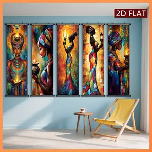 African Tribal Style Canvas Art Print Set, 5-Piece Flat Design Wall Decor, Plastic Frame Hooks, Easy Hanging, Perfect for Hallway & Living Room