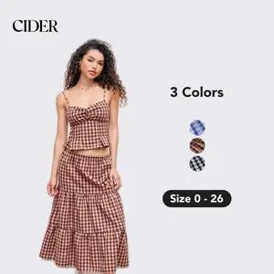 Cider Gingham V-neck Cami Top & High Rise Midi Skirt, Woven Sets for Office School Vacation, Summer Tartan Outfits for Women