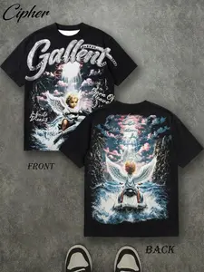 Men's Angel Heaven Water Scooter Print Loose Fit T-Shirt, Gothic Style Short Sleeve Top, Streetwear Summer Casual Fashion, Subculture Menswear