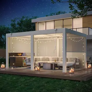 12×16 FT Hardtop Louvered Pergola with 6-Panel Pull-Down Privacy Screen, Aluminum Pergola with Adjustable Roof for Patio, Lawn & Garden, Gray