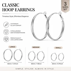 Silver Hoop Earrings Set – Hypoallergenic, Lightweight & Comfortable | 3 Sizes (40mm, 30mm, 20mm) | Timeless & Elegant Design for Casual, Work, or Evening Wear | Premium Quality, Durable & Long-Lasting Shine, Gift-Ready