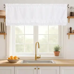 White Lace Trim Valance For Windows - Rod Pocket Valance With Ruffled Ruched Top & Unique Scalloped Hem, Decorative Sheer Valance For Kitchen/Bathroom/Bedroom/Living Room