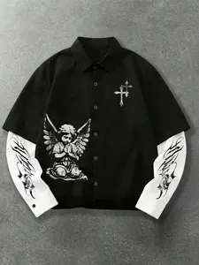 Unisex Street Style Y2K Retro Christian Praying Angel Print with Dark Cross Pattern Spring/Summer Breathable Trendy Black and White Patchwork Shirt, Gothic style outfits, men's gifts, couple outfits, high street culture, and Christian clothing