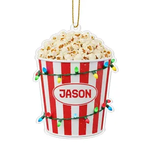 Irregular Multi-Size Custom-Shaped Acrylic Popcorn Bucket Ornament, Christmas Holiday Hanging Decor Keepsake for Popcorn Snack Lovers