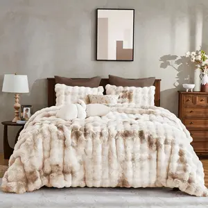 Faux Rabbit Fur Queen Comforter Set - 3-Piece Tie-Dye Beige Plush Bedding for Winter