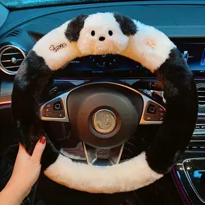 Plush Car Steering Wheel Cover With Cute Rhino Dog Design Soft Anti-Slip Warm Winter Auto Interior Decor Suitable For Most Vehicles Ideal For Daily Commute And Gifting