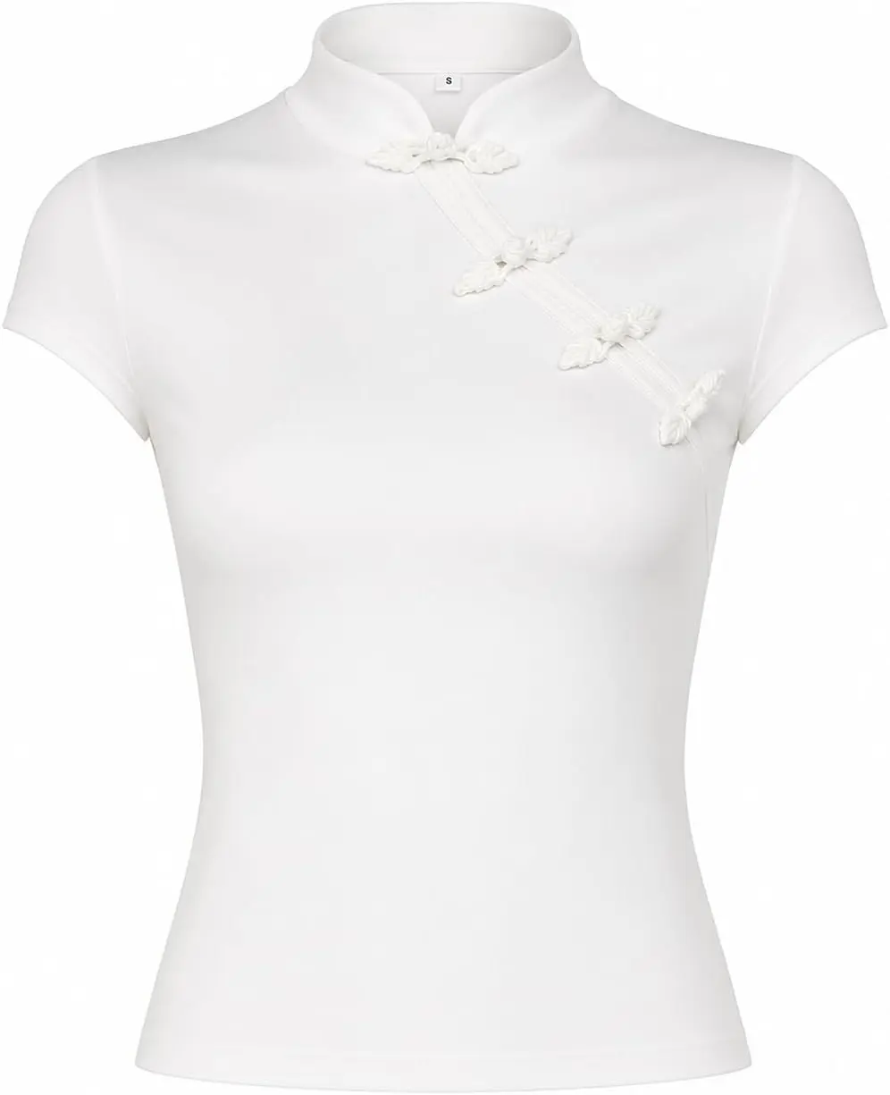 DOLGIEJ Collective Women's Mock Neck Chinese Inspired Short Sleeve Fitted Top