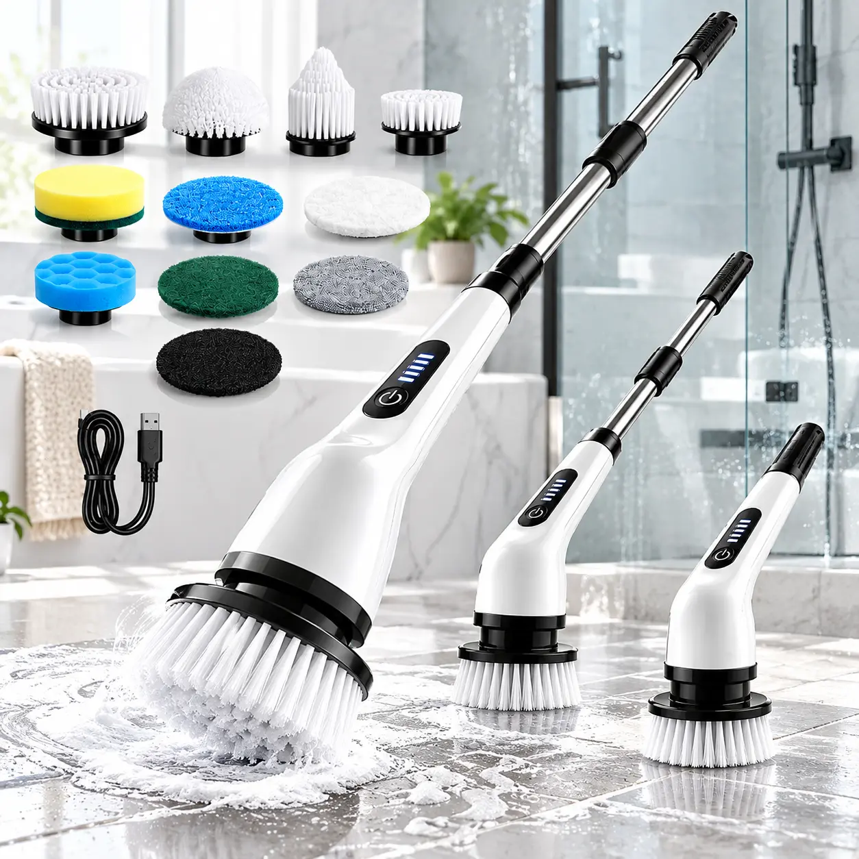 Cordless Electric Spin Scrubber for Women's Holiday Gifts, Household Items Cleaning Tool with 9 Replaceable Heads, 2 Speeds, Extendable Long Handle for Bathroom, Kitchen