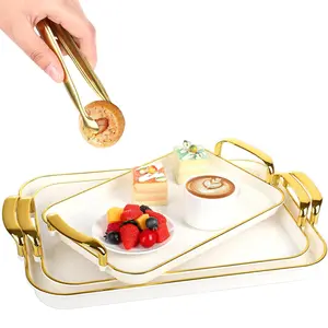 3-piece set of stackable, reusable trays with handles, ideal for serving food，plastic party trays perfect for cold cuts, fruit, and appetizers，cream gold