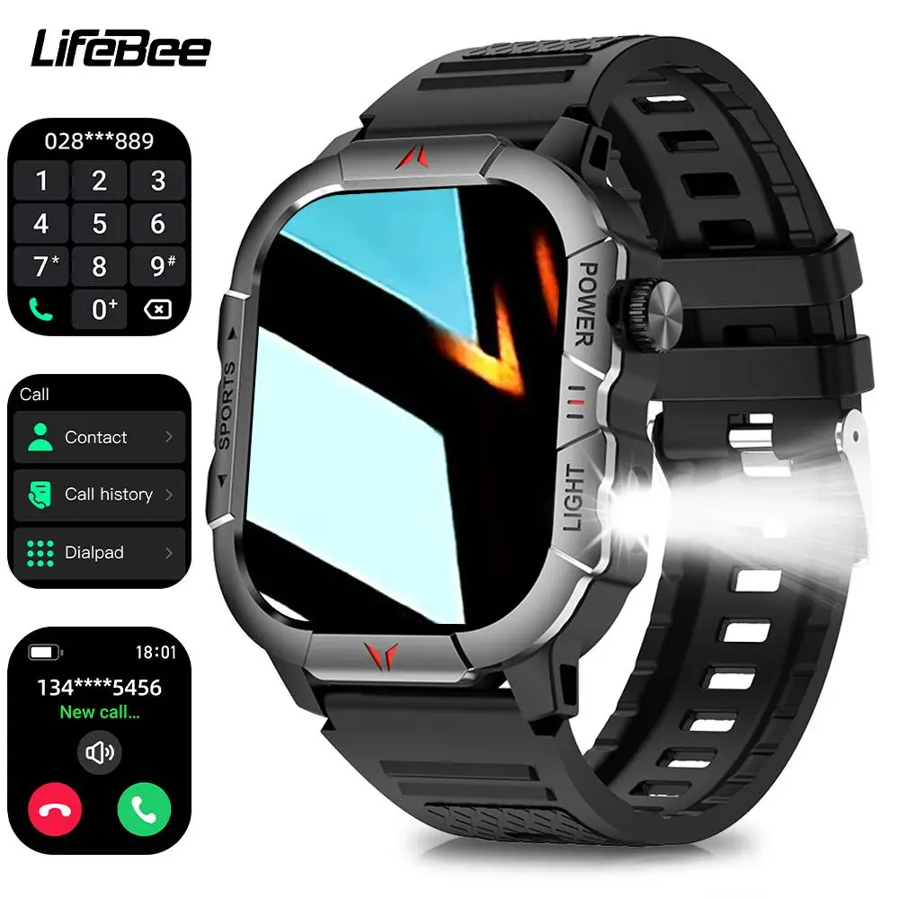 LIFEBEE Men's Smart Watch, IP68 Waterproof 2.01-inch Screen Tactical Smart Watch with LED Flashlight, 120+Sports Mode Civilian Compass Fitness Watch,