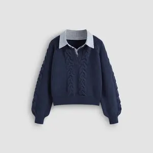 Cider [size 2-10] Cable Knit Collar Two Tone Long Sleeve Top