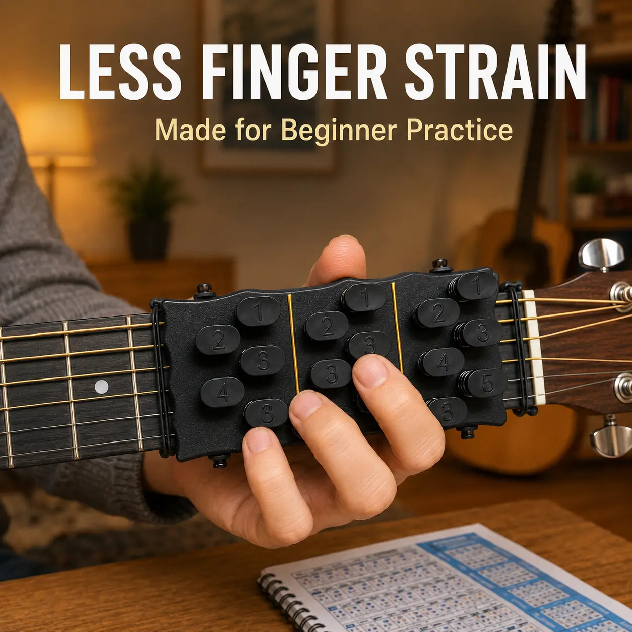 Portable guitar chord presser, natural sound guitar chord helper and trainer—guitar learning tool for beginners and arthritis patients; quickly builds confidence and provides a sense of accomplishment.