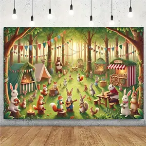 1pc Enchanted Forest Animal Fair Background Banner, 243.84x182.88cm Polyester Party Decoration with Rabbits, Squirrels, and Festive Lights - Ideal for Home, Garden, Studio, and Outdoor Celebration