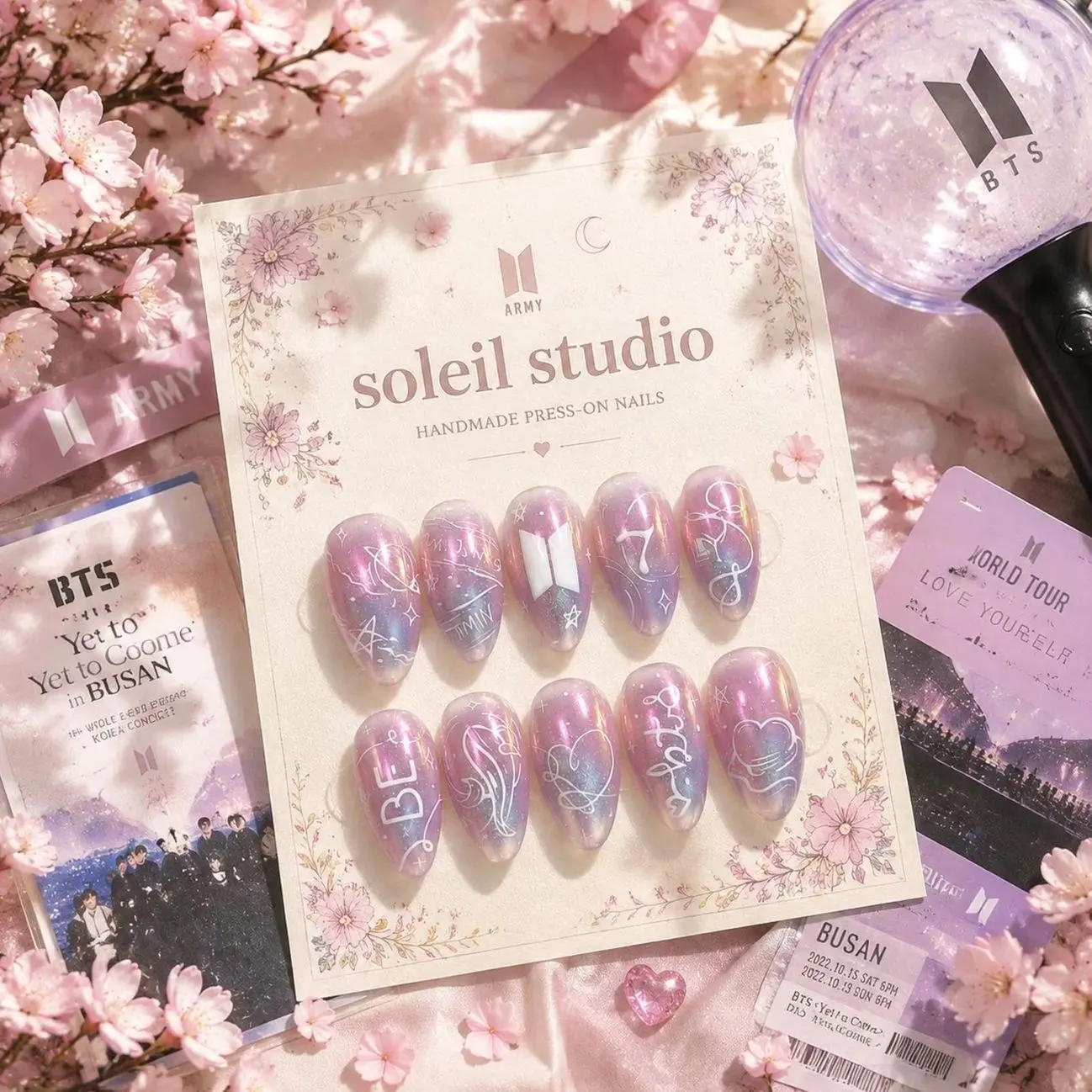 BTS Pearl Galaxy Press On Nails, Hand Painted BT21 'BE' & Member Initials Fake Nails, Kpop Gel Nails, Concert Fan Merch Nails Set, Army Gift