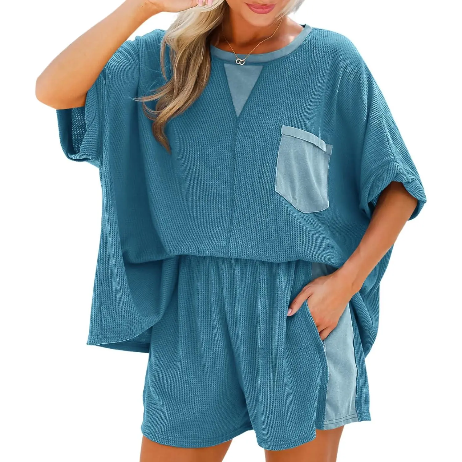 Lannew Womens Summer Waffle Knit 2 Piece Outfits Oversized T Shirt Casual Shorts Loungwear Short Sets