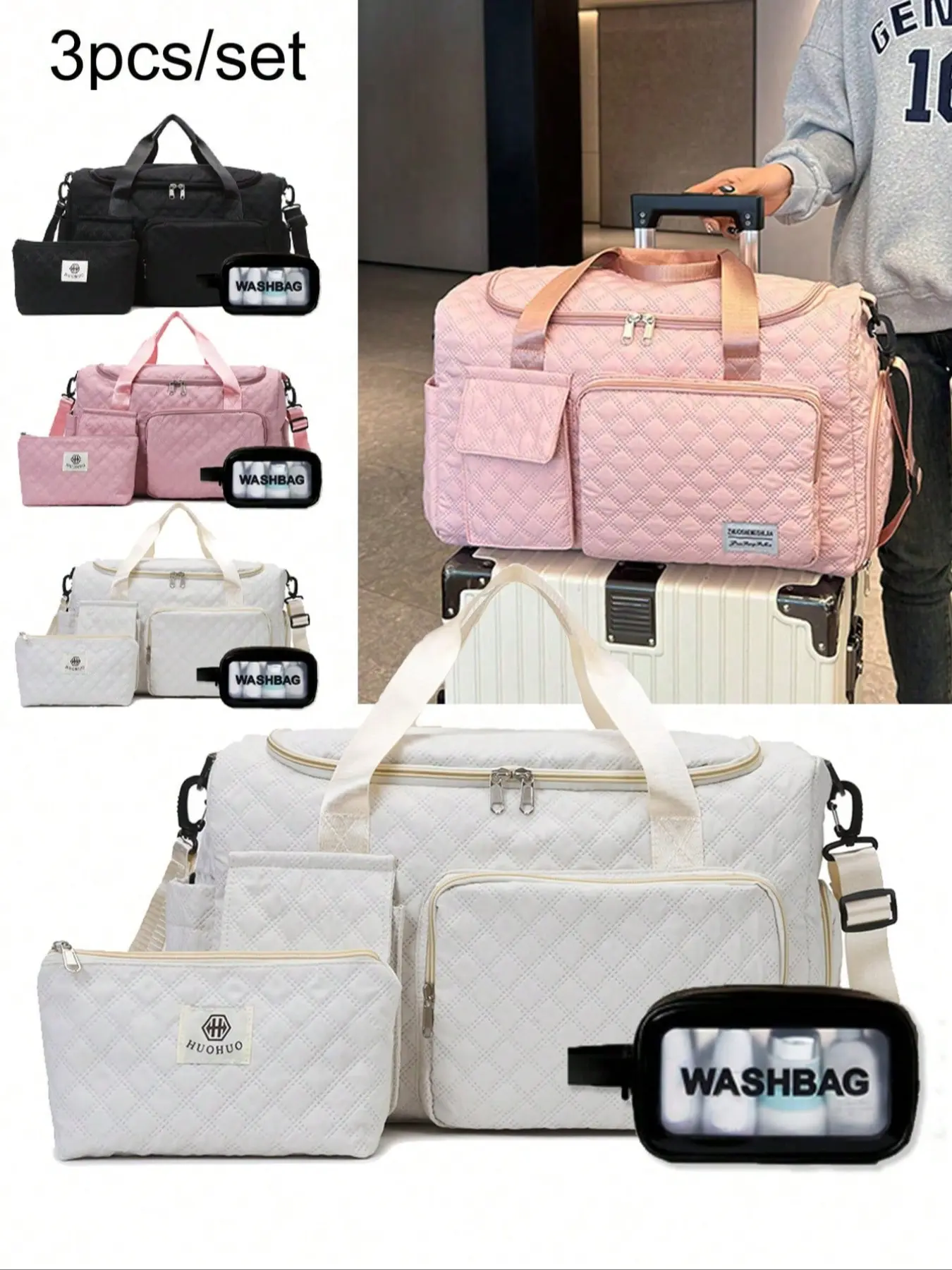 3-piece travel bag set, Travel bundle, Portable travel bag, shoulder bag, Travel organizer bag, multifunctional multi-pocket shoe bag, wet and dry separation, toiletry bag, cosmetic bags, large capacity adjustable lightweight zipper commuter bag