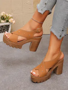 Summer retro style cross strap thick soled sandals for women, Crisscross strap sandals, waterproof platform thick heel open toed sandals, rivet decoration, one buckle high-heeled sandals, multiple color options, Trendy Sandals, Footwear