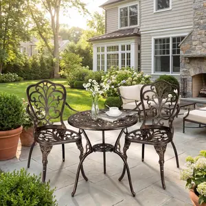 GAOMON Patio Bistro Set of 3, All Weather Cast Aluminum Bistro Sets with Umbrella Hole, Outdoor Round Porch Set Patio Table and Chairs for Backyard Garden Balcony Pool, Bronze