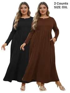 【Plus Size】 2pcs Long Sleeve Dress Set, Casual Fitted Plain Design, Fall Winter Women's Apparel, Classy Modest Dresses